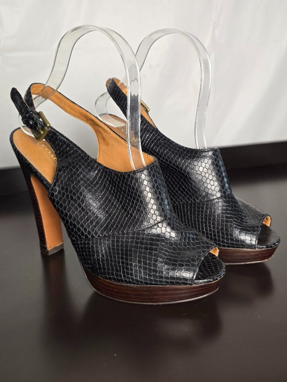Coach Brina Black Snake-Embossed Peep-Toe Platform Slingbacks Sz. 8.5